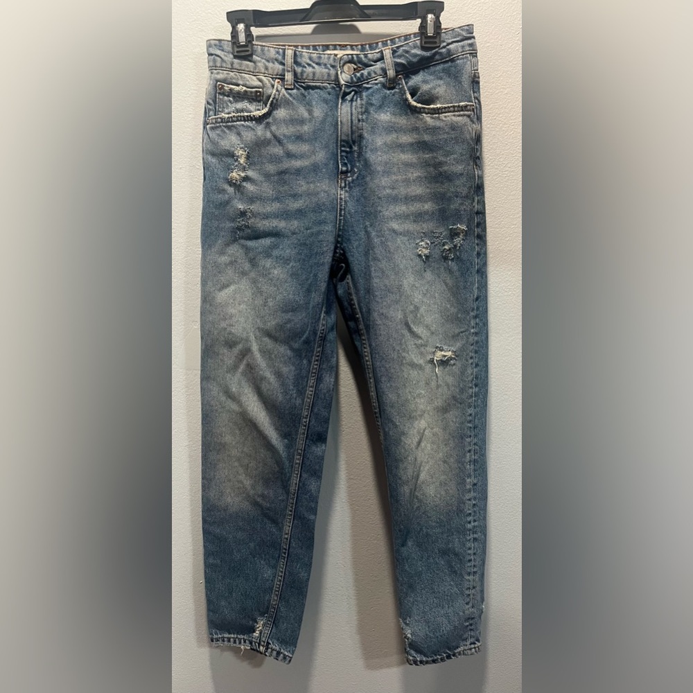 Zara Distressed High Rise Light Blue Straight-Leg Jeans